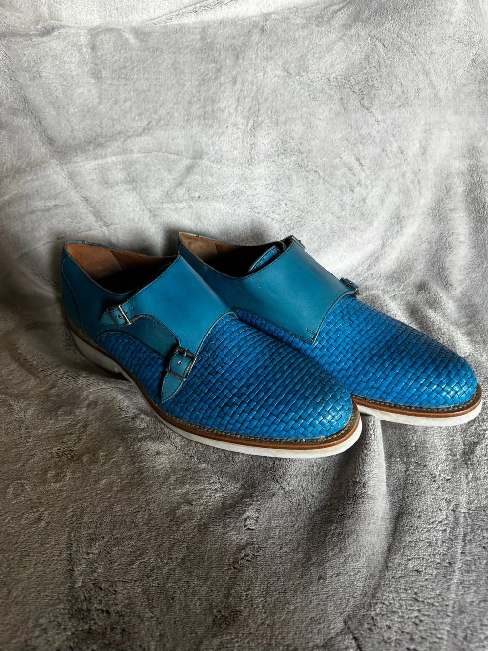 Blue Woven Leather Double Monk Strap Oxfords